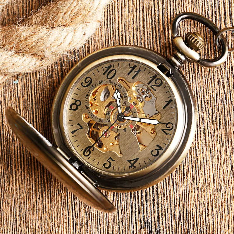 Auto vento relógio de bolso cobre moda bronze pingente suave retro esqueleto unisex automático mecânico elegante presente ação de graças