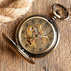 Auto vento relógio de bolso cobre moda bronze pingente suave retro esqueleto unisex automático mecânico elegante presente ação de graças