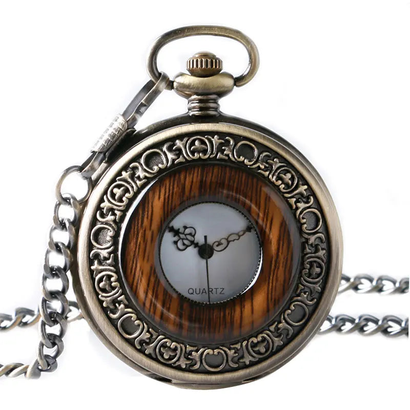 Madeira do vintage caso redondo relógio de bolso de luxo quartzo analógico metade caçador para homens feminino fob relógio de madeira com corrente presente superior ulzzang