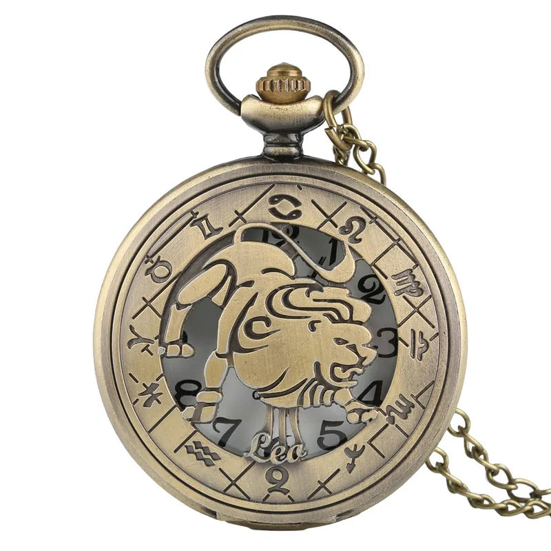 12 constellation astrologia zodíaco retro bolso relógio bronze colar pingente das mulheres dos homens oco flip cover quartzo presentes de natal