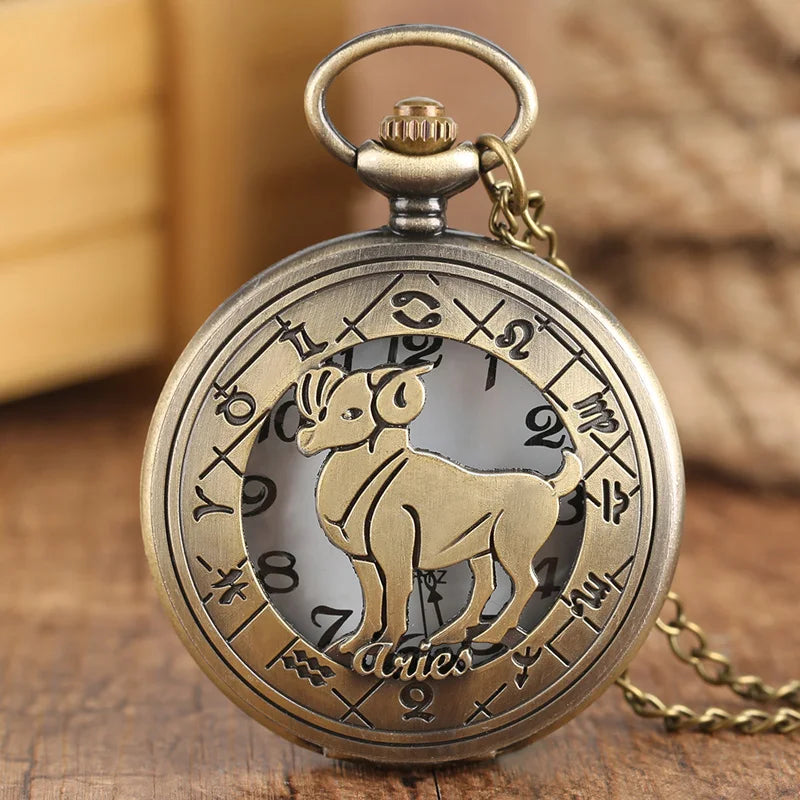 12 constellation astrologia zodíaco retro bolso relógio bronze colar pingente das mulheres dos homens oco flip cover quartzo presentes de natal