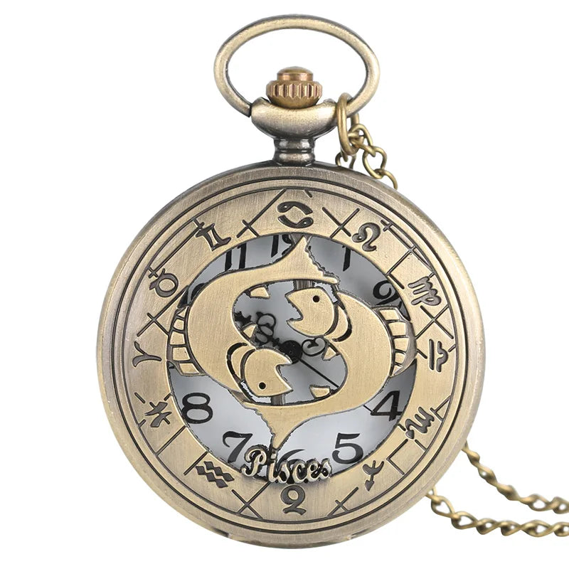 12 constellation astrologia zodíaco retro bolso relógio bronze colar pingente das mulheres dos homens oco flip cover quartzo presentes de natal