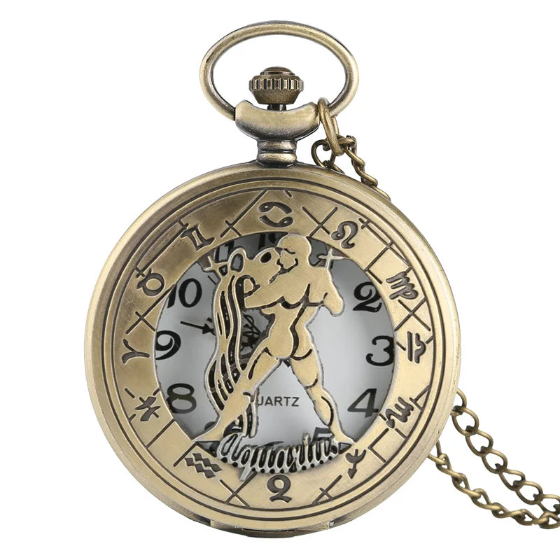 12 constellation astrologia zodíaco retro bolso relógio bronze colar pingente das mulheres dos homens oco flip cover quartzo presentes de natal