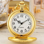 Relógio de bolso de quartzo com padrão de coroa, escudo de ouro real, colar de luxo, pingente, corrente, relógio steampunk, joias colecionáveis, presentes