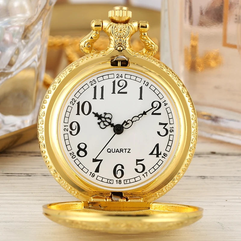 Relógio de bolso de quartzo com padrão de coroa, escudo de ouro real, colar de luxo, pingente, corrente, relógio steampunk, joias colecionáveis, presentes