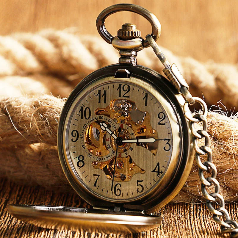 Auto vento relógio de bolso cobre moda bronze pingente suave retro esqueleto unisex automático mecânico elegante presente ação de graças