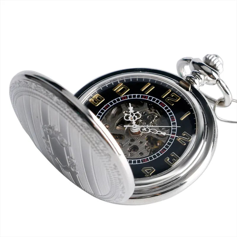 Vendas superiores prata steampunk esqueleto relógio de bolso mecânico automático com corrente erkek kol saati relógios masculino unisex presentes relógio