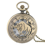 12 constellation astrologia zodíaco retro bolso relógio bronze colar pingente das mulheres dos homens oco flip cover quartzo presentes de natal