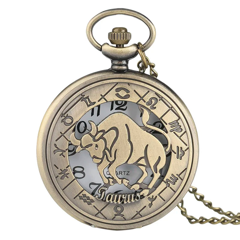 12 constellation astrologia zodíaco retro bolso relógio bronze colar pingente das mulheres dos homens oco flip cover quartzo presentes de natal