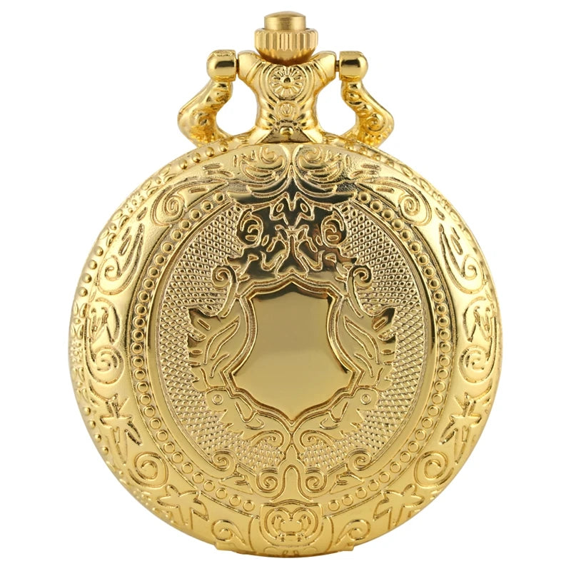 Relógio de bolso de quartzo com padrão de coroa, escudo de ouro real, colar de luxo, pingente, corrente, relógio steampunk, joias colecionáveis, presentes
