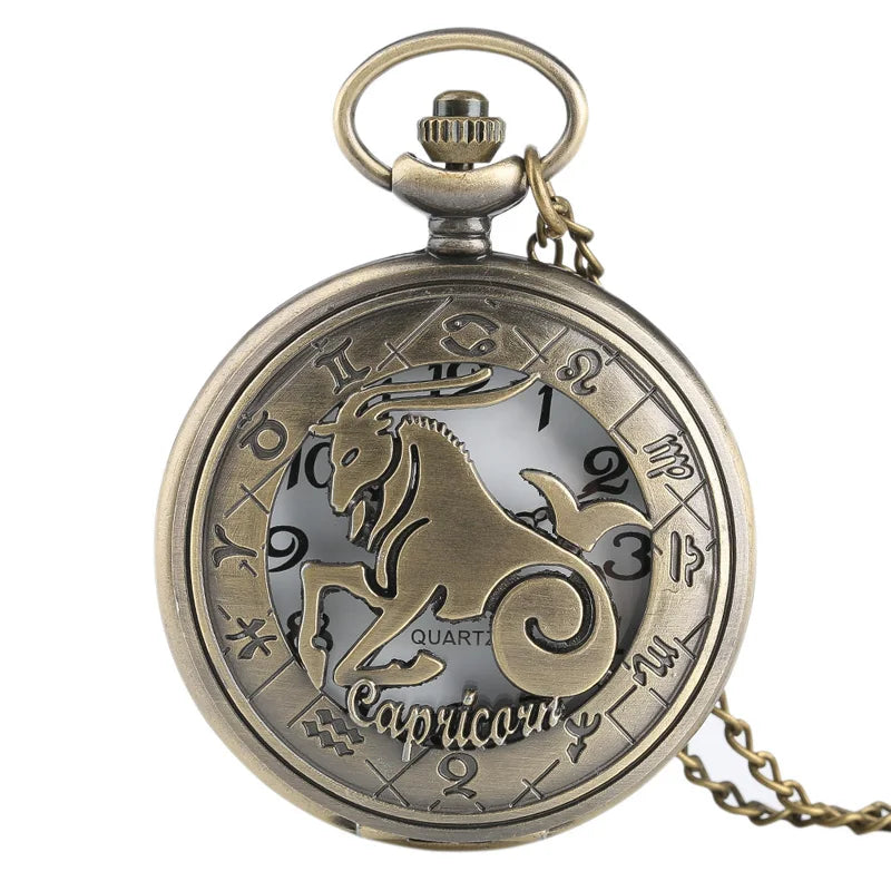12 constellation astrologia zodíaco retro bolso relógio bronze colar pingente das mulheres dos homens oco flip cover quartzo presentes de natal