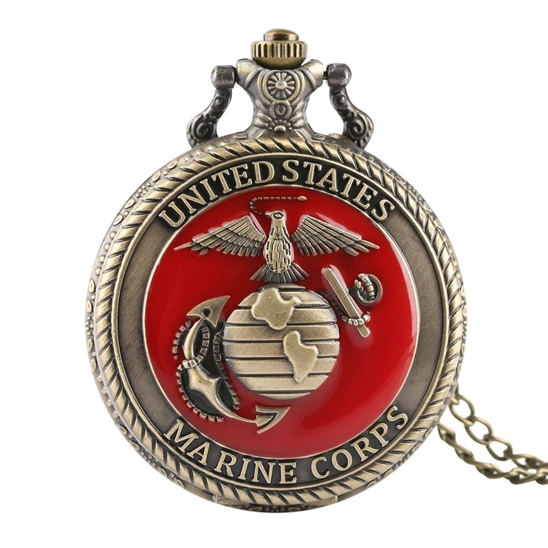Vintage tema corpo de fuzileiros navais dos estados unidos relógio de bolso de quartzo moda lembrança vermelha pingente colar corrente relógio militar melhores presentes