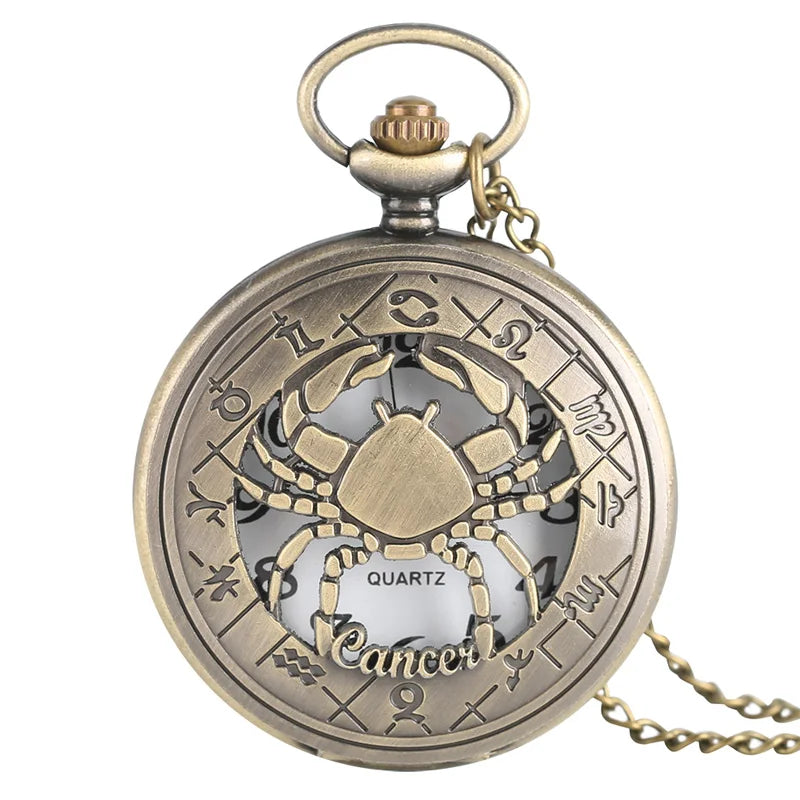 12 constellation astrologia zodíaco retro bolso relógio bronze colar pingente das mulheres dos homens oco flip cover quartzo presentes de natal