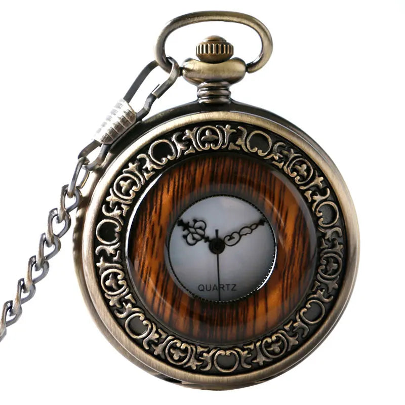 Madeira do vintage caso redondo relógio de bolso de luxo quartzo analógico metade caçador para homens feminino fob relógio de madeira com corrente presente superior ulzzang