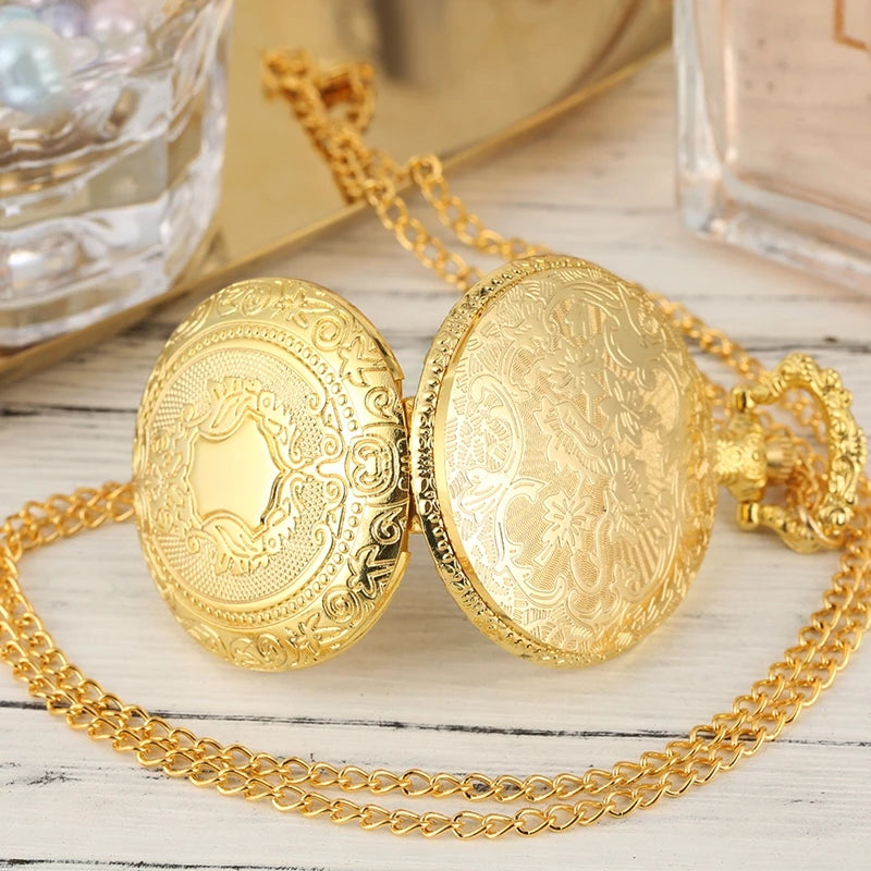 Relógio de bolso de quartzo com padrão de coroa, escudo de ouro real, colar de luxo, pingente, corrente, relógio steampunk, joias colecionáveis, presentes