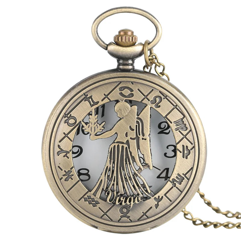 12 constellation astrologia zodíaco retro bolso relógio bronze colar pingente das mulheres dos homens oco flip cover quartzo presentes de natal