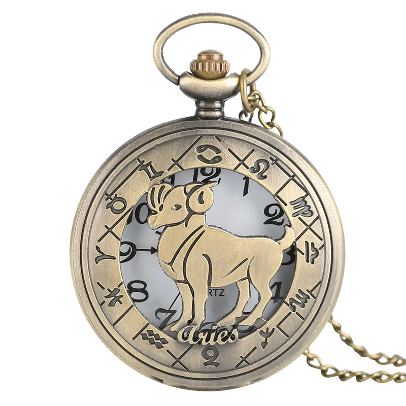 12 constellation astrologia zodíaco retro bolso relógio bronze colar pingente das mulheres dos homens oco flip cover quartzo presentes de natal