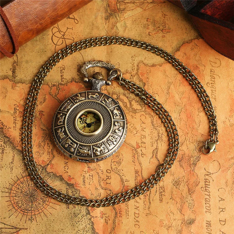 Retro bronze zodiac constellation caso oco colar de bolso relógio moderno austrália mapa pingente moda fob corrente jóias relógio