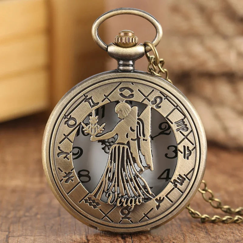 12 constellation astrologia zodíaco retro bolso relógio bronze colar pingente das mulheres dos homens oco flip cover quartzo presentes de natal