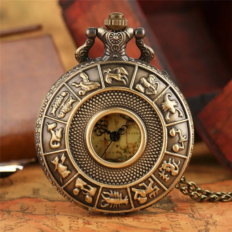 Retro bronze zodiac constellation caso oco colar de bolso relógio moderno austrália mapa pingente moda fob corrente jóias relógio