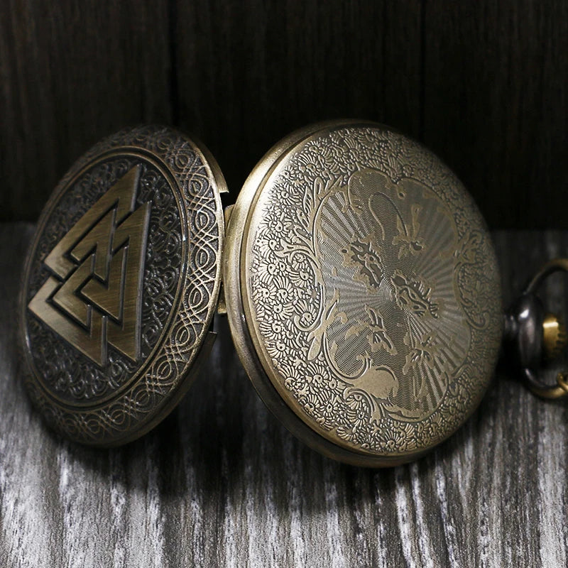 Valknut três intertravamento triângulos nórdico mitologia estilo antigo relógio de bolso caçador completo feminino masculino analógico fob relógio melhor presente