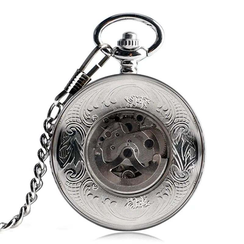 Vendas superiores prata steampunk esqueleto relógio de bolso mecânico automático com corrente erkek kol saati relógios masculino unisex presentes relógio