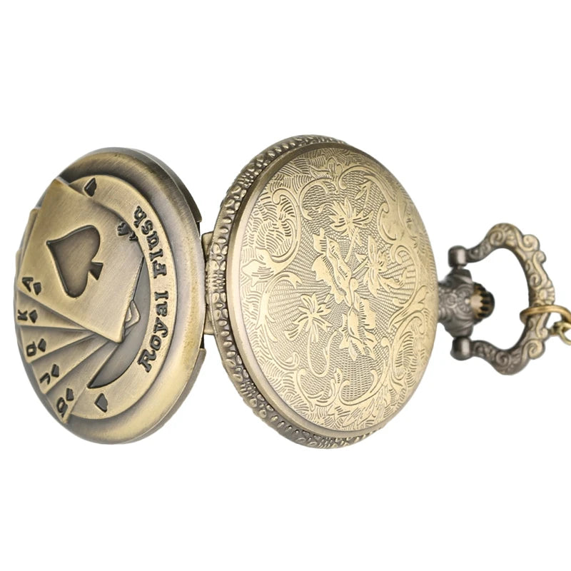 Estilo vintage Bronze Pingente Flush Poker Cartões Padrão Colar Relógio Cadeia Elegante 3D Poker Face Clock Quartz FOB Pocket Watch