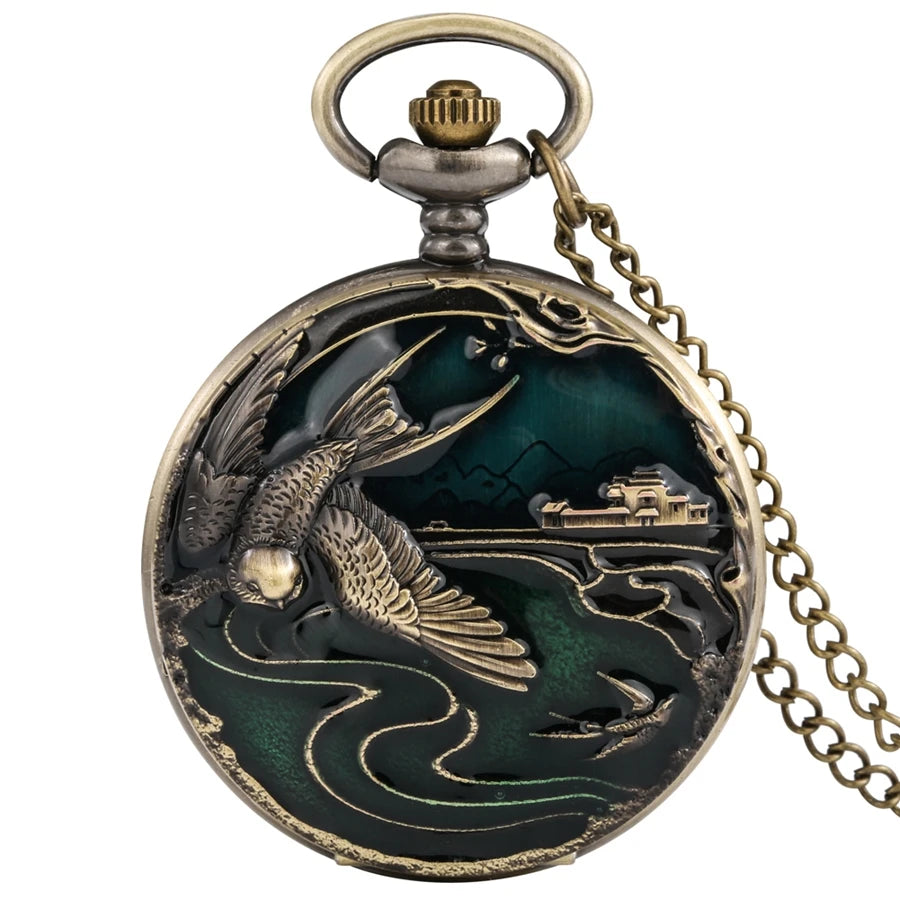 Relógio de bolso de quartzo de bronze guindaste/alce/elefante animal relógio de bolso redondo dial bolso colar pingente camisola corrente relógio de bolso para homens