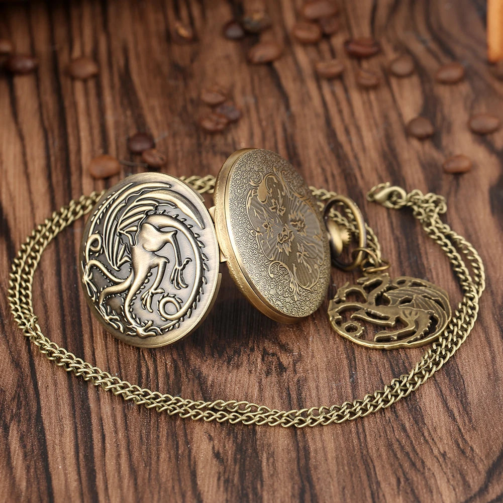 Retro Bronze Três-Headed Dragon Monster Pendant Relógio de bolso, quartzo, colar, camisola, FOB Cadeia, Relógio com Acessório, FOB