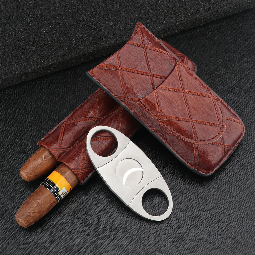 Xifei conjunto de estojo de charuto de couro com 2 espaços, caixa umidificador portátil com cortador de aço inoxidável, acessórios de armazenamento de cigarro para viagem e fumar