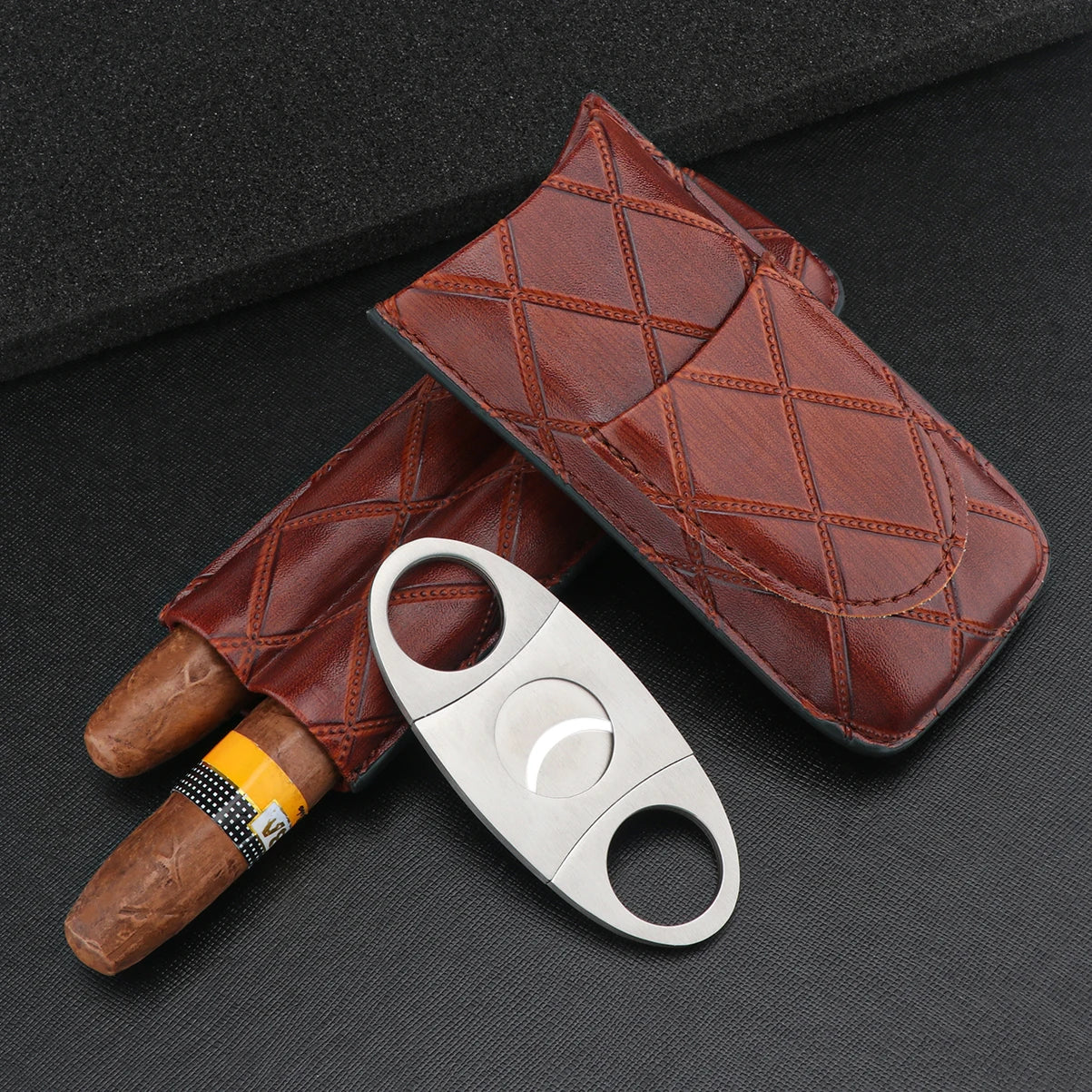 Xifei conjunto de estojo de charuto de couro com 2 espaços, caixa umidificador portátil com cortador de aço inoxidável, acessórios de armazenamento de cigarro para viagem e fumar