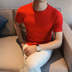 Top de verão masculino fino ajuste camiseta 2021 malha manga curta cor sólida camisola pulôver t camisa magro malha camisetas topo homme