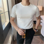 Top de verão masculino fino ajuste camiseta 2021 malha manga curta cor sólida camisola pulôver t camisa magro malha camisetas topo homme