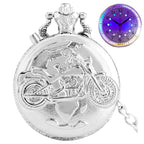 Prata motocicleta luminosa led flash moto design moda relógio de bolso de quartzo esculpida corrente relógio fob presente para homens
