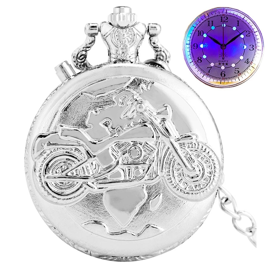Prata motocicleta luminosa led flash moto design moda relógio de bolso de quartzo esculpida corrente relógio fob presente para homens