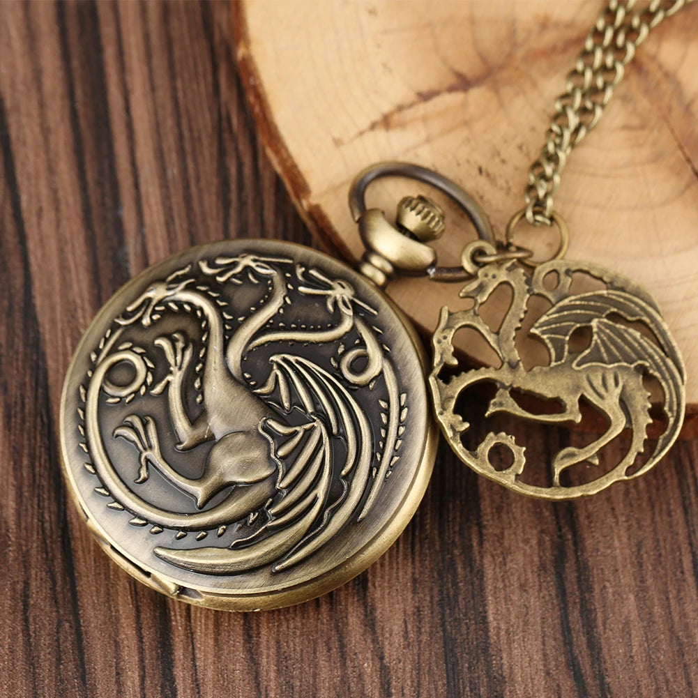 Retro Bronze Três-Headed Dragon Monster Pendant Relógio de bolso, quartzo, colar, camisola, FOB Cadeia, Relógio com Acessório, FOB
