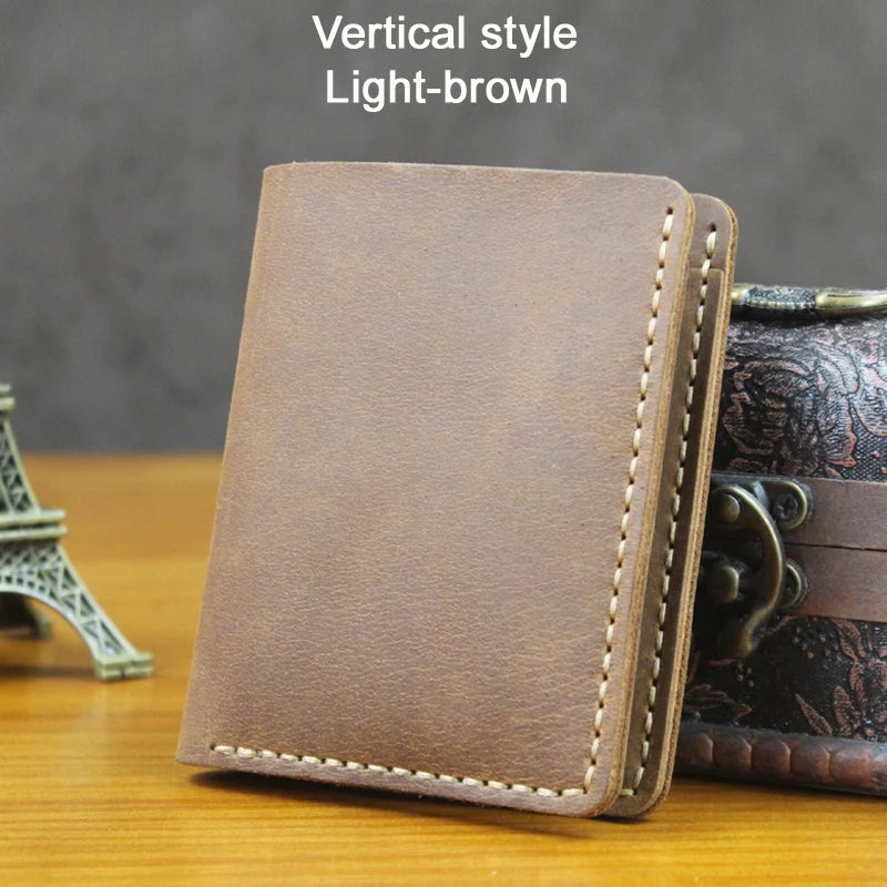 Feito à mão do vintage cavalo louco couro genuíno dos homens carteira bolsa de couro curto cartão carteira para masculino clipes de dinheiro saco de dinheiro