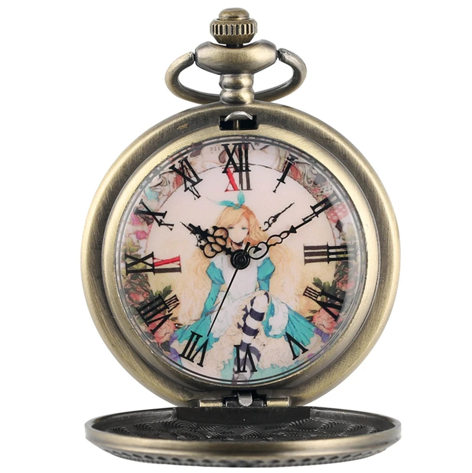 Bronze adorável princesa tema oco quartzo bolso redondo dial pingente relógios para meninas femininas com borla acessório