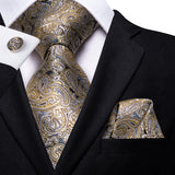 Gravata amarela marrom Paisley para homens, clipe de seda masculino, gravata de luxo, conjunto de abotoaduras, presente de casamento formal