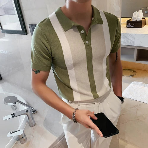 Estilo britânico verão moda cor combinando manga curta camisa polo dos homens de alta qualidade malha magro ajuste lapela botão t camisa superior