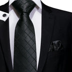 Hi-Tie-Gravatas de seda xadrez de luxo masculinas, conjunto de abotoaduras, design preto, presente de casamento, corrente de gravata moda