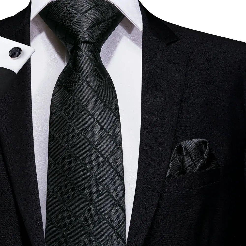 Hi-Tie-Gravatas de seda xadrez de luxo masculinas, conjunto de abotoaduras, design preto, presente de casamento, corrente de gravata moda