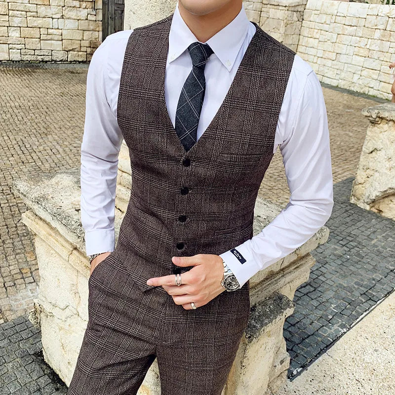 (Jaquetas + colete + calça) masculino noivo vestido de casamento xadrez ternos formais conjunto de alta qualidade moda masculina casual terno de negócios de três peças