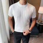 Camiseta de malha de manga curta masculina, listra com decote em O, camiseta justa, monocromática de alta qualidade, roupas masculinas, estilo britânico, moda verão, 6 cores