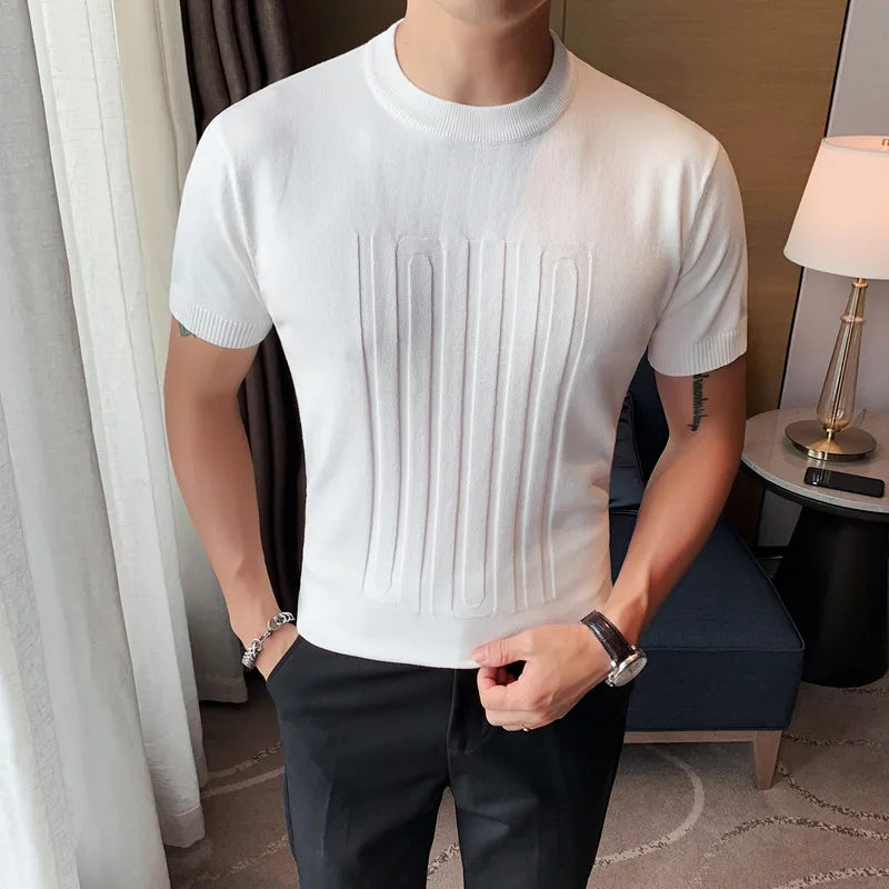 Camiseta de malha de manga curta masculina, listra com decote em O, camiseta justa, monocromática de alta qualidade, roupas masculinas, estilo britânico, moda verão, 6 cores