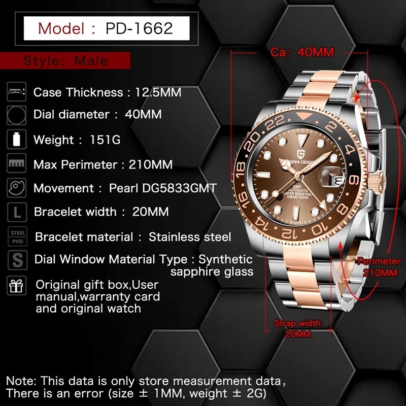 Pagani design 40mm luxo masculino relógio de pulso mecânico aço inoxidável gmt marca superior vidro safira relógios masculinos reloj hombre