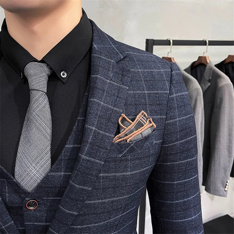 (Jaquetas + calças + colete) luxo masculino noivo casamento smoking moda xadrez ternos de negócios de alta qualidade casual terno de negócios três peças