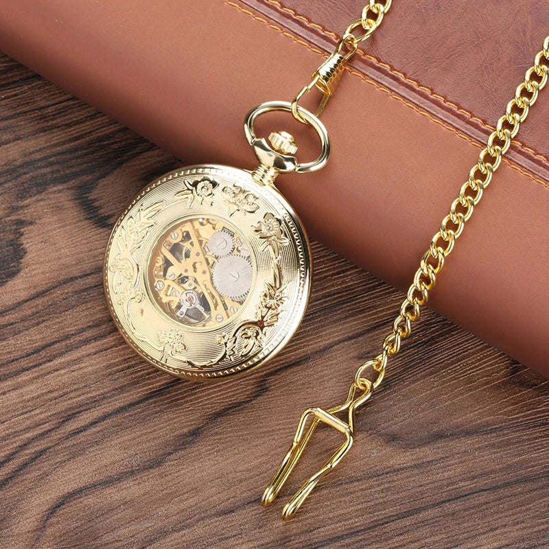 Ouro de luxo relógio de bolso mecânico oco esqueleto mão enrolamento pingente de aço inoxidável relógio de corrente de jóias para homens