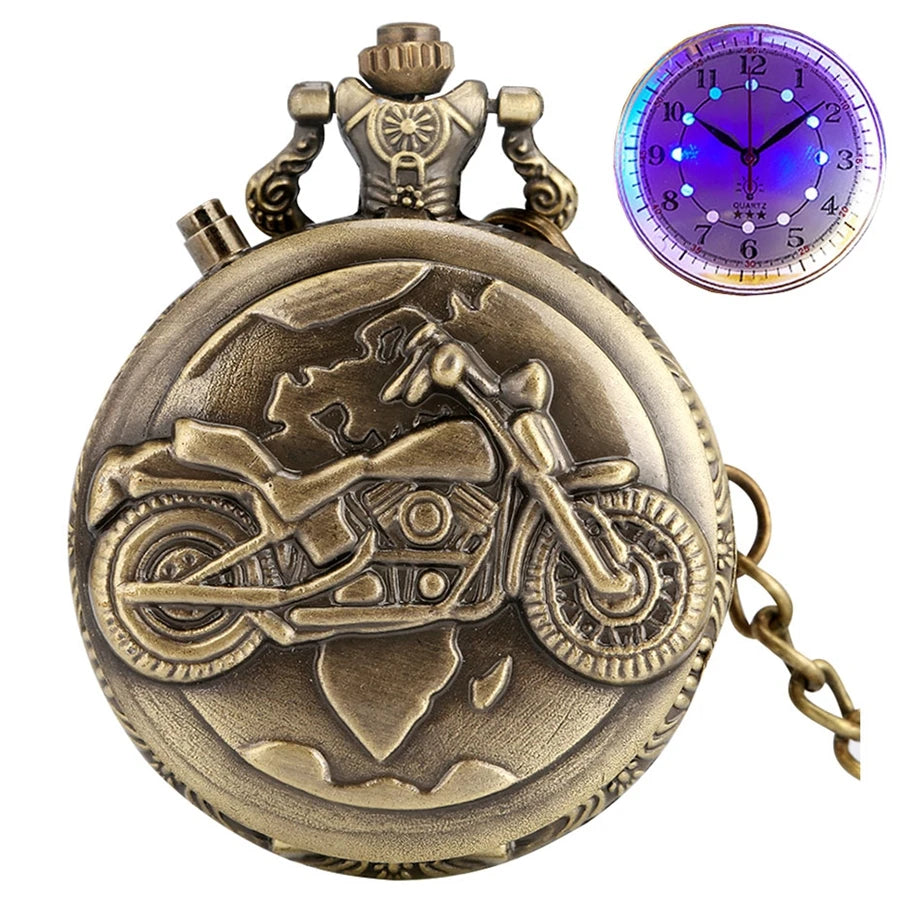 Prata motocicleta luminosa led flash moto design moda relógio de bolso de quartzo esculpida corrente relógio fob presente para homens