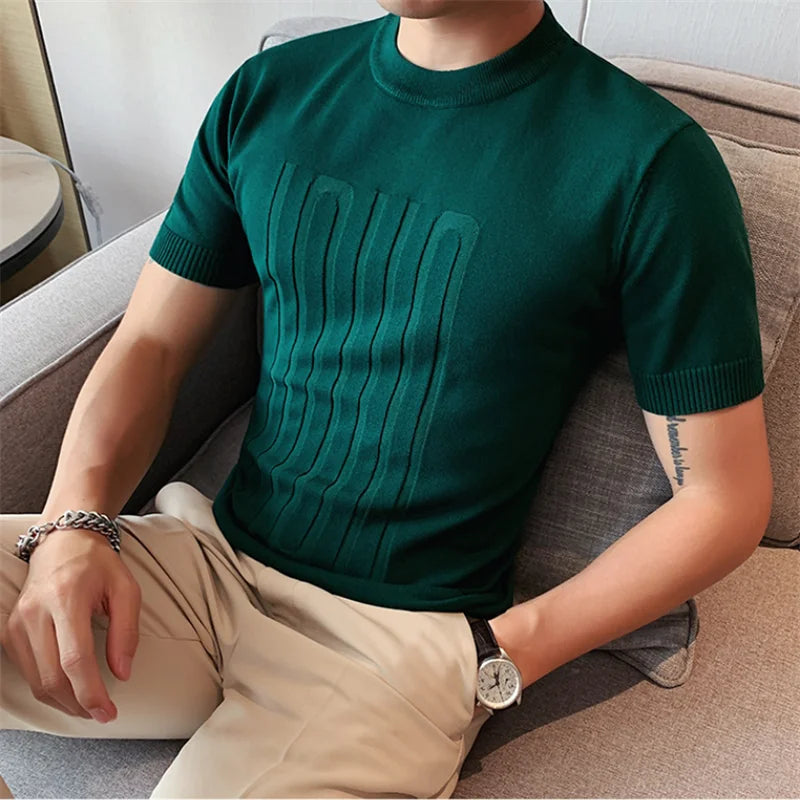 Camiseta de malha de manga curta masculina, listra com decote em O, camiseta justa, monocromática de alta qualidade, roupas masculinas, estilo britânico, moda verão, 6 cores